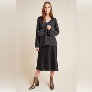 Anthropologie Maggie Bell-Sleeved Sweater Grey Marled V-Neck Charcoal